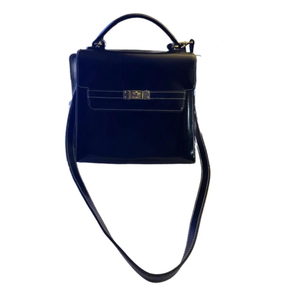 Vintage 90s Talbots Black Leather Front Clasp Classic Minimalist Bag